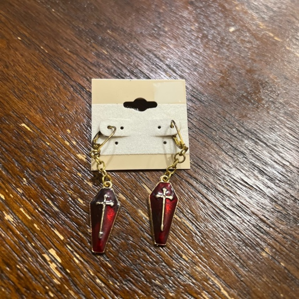 Handmade Gold and Red Coffin Earrings